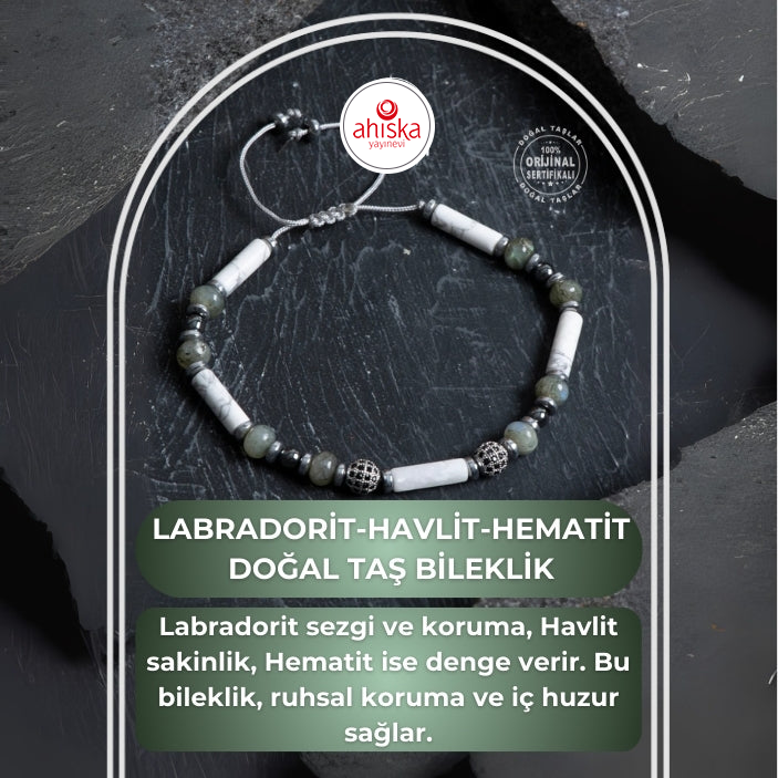 Sertifikalı Labradorit, Havlit, Hematit Doğal Taş Makrome Bileklik - 2