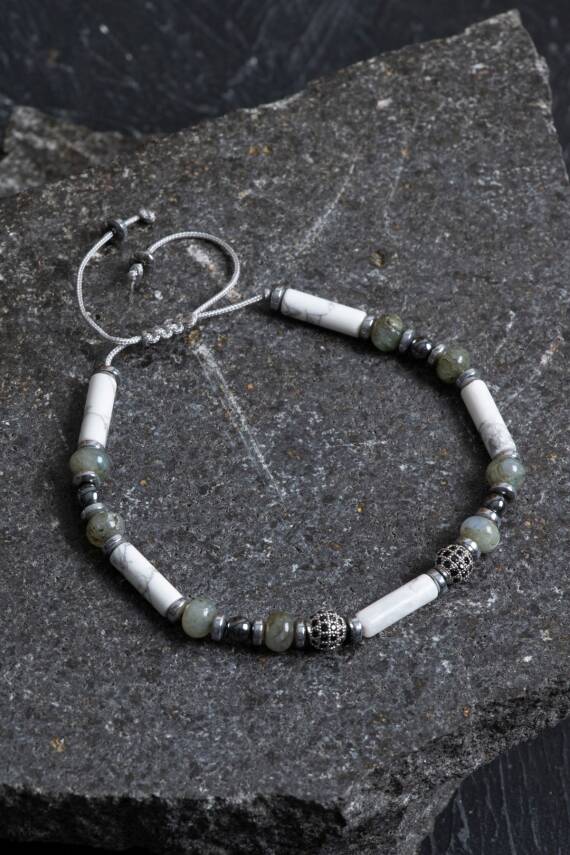 Sertifikalı Labradorit, Havlit, Hematit Doğal Taş Makrome Bileklik - 1