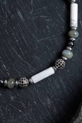 Sertifikalı Labradorit, Havlit, Hematit Doğal Taş Makrome Bileklik - 2