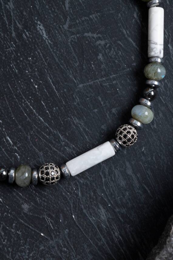 Sertifikalı Labradorit, Havlit, Hematit Doğal Taş Makrome Bileklik - 2