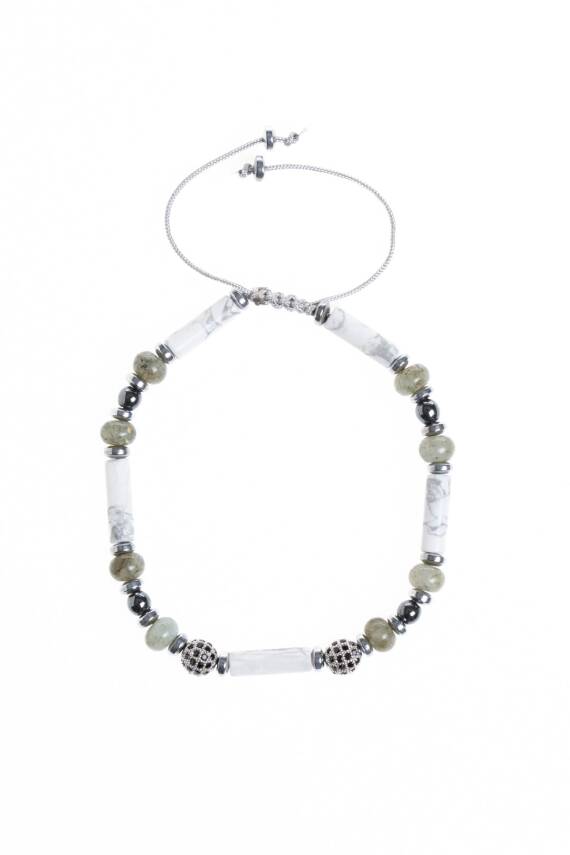 Sertifikalı Labradorit, Havlit, Hematit Doğal Taş Makrome Bileklik - 5