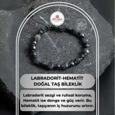 Sertifikalı Labradorit, Hematit Doğal Taş Makrome Bileklik - Doğal Taş (1)