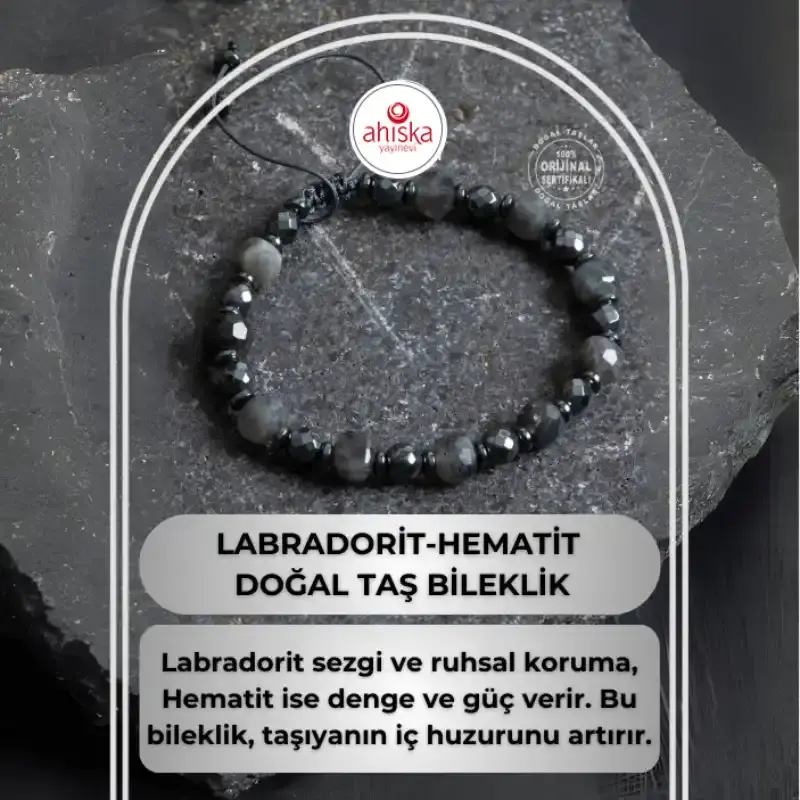 Sertifikalı Labradorit, Hematit Doğal Taş Makrome Bileklik - 2