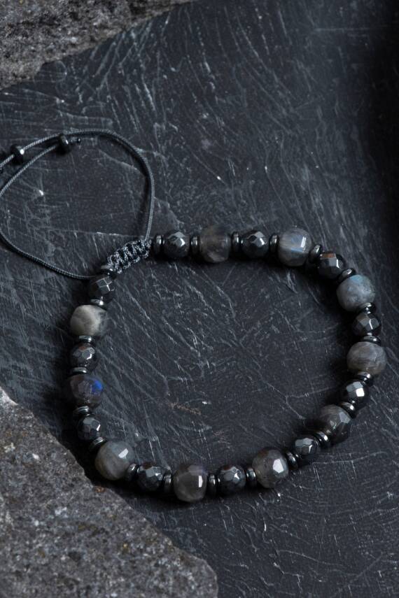 Sertifikalı Labradorit, Hematit Doğal Taş Makrome Bileklik - 1