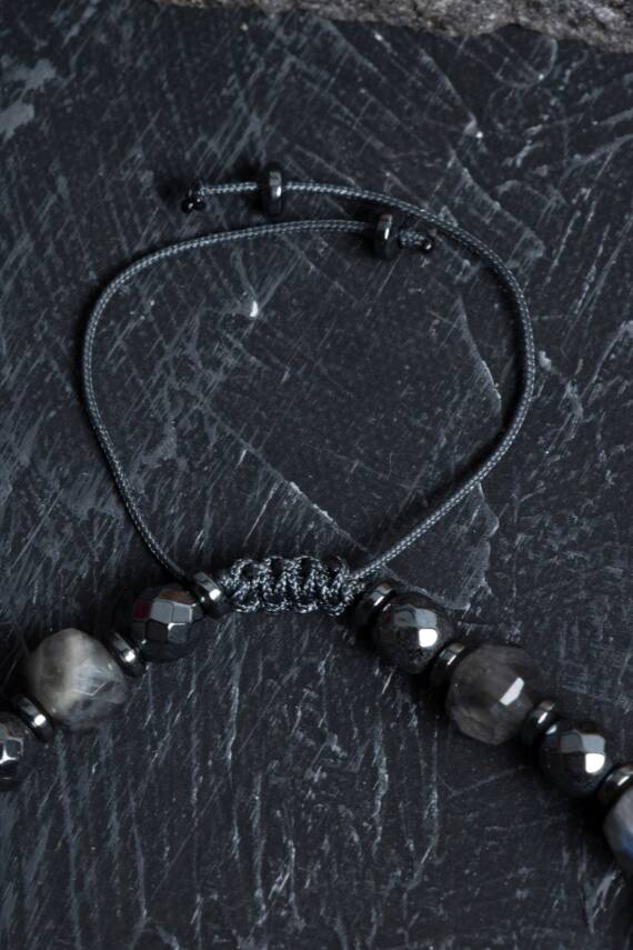 Sertifikalı Labradorit, Hematit Doğal Taş Makrome Bileklik - 2