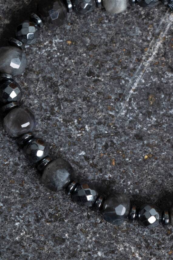 Sertifikalı Labradorit, Hematit Doğal Taş Makrome Bileklik - 3