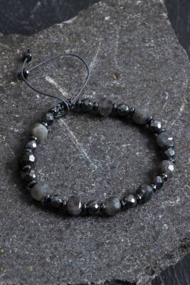 Sertifikalı Labradorit, Hematit Doğal Taş Makrome Bileklik - 4