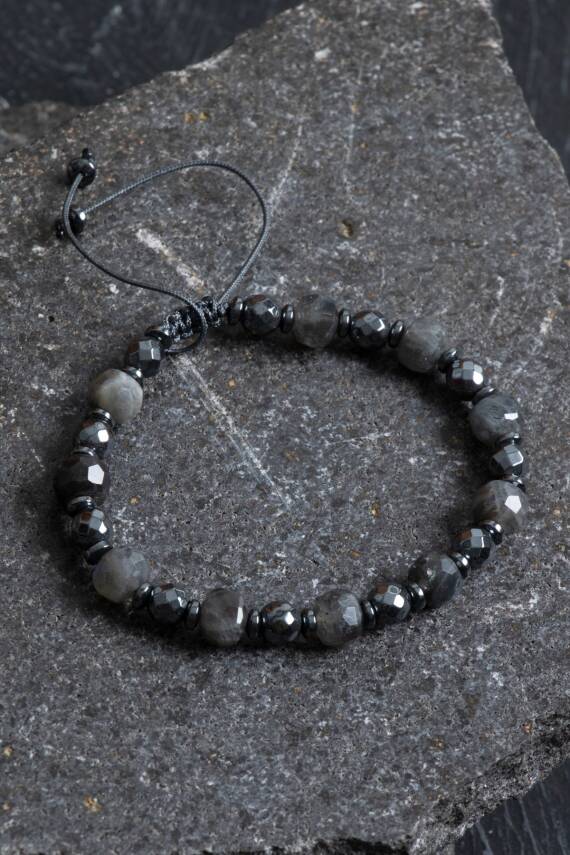 Sertifikalı Labradorit, Hematit Doğal Taş Makrome Bileklik - 4