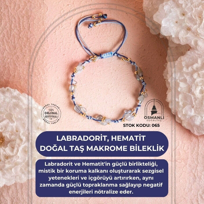 Sertifikalı Labradorit, Hematit Doğal Taş Makrome Bileklik (SK:081) - 2