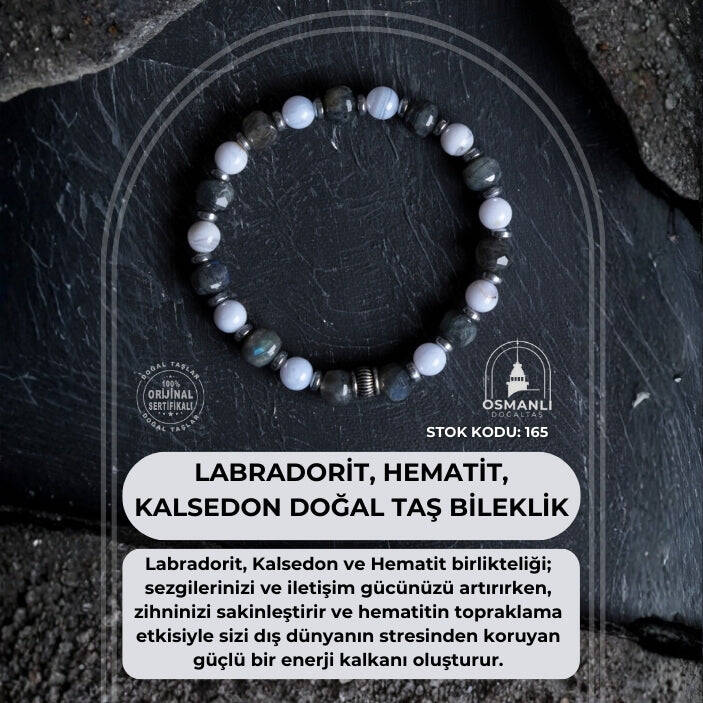 Sertifikalı Labradorit, Hematit ve Kalsedon Doğal Taş Bileklik (SK:165) - 2