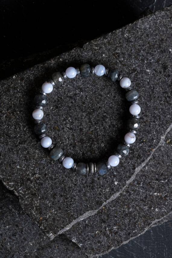 Sertifikalı Labradorit, Hematit ve Kalsedon Doğal Taş Bileklik (SK:165) - 3