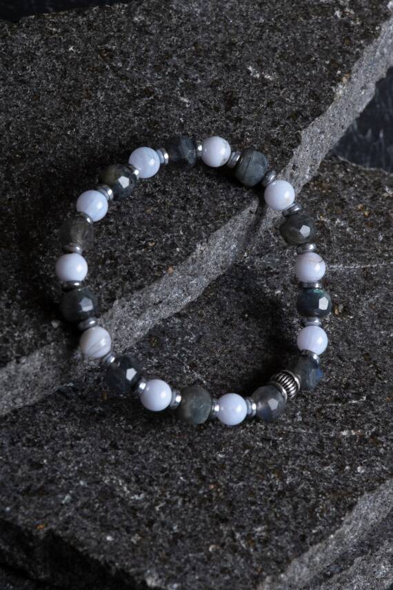 Sertifikalı Labradorit, Hematit ve Kalsedon Doğal Taş Bileklik (SK:165) - 4