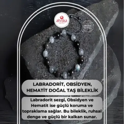 Sertifikalı Labradorit, Obsidyen, Hematit Doğal Taş Makrome Bileklik - Doğal Taş (1)