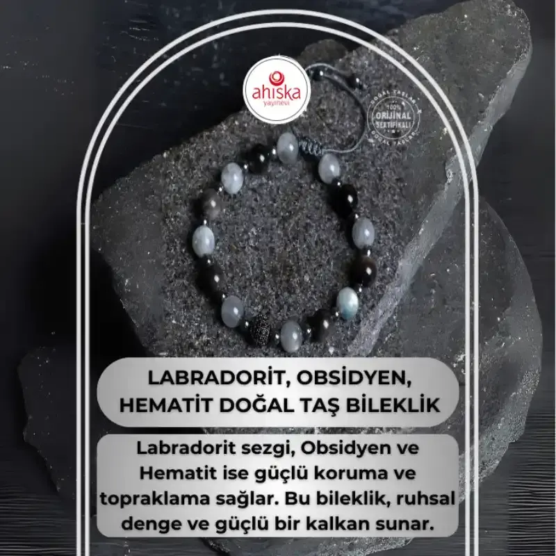 Sertifikalı Labradorit, Obsidyen, Hematit Doğal Taş Makrome Bileklik - 2