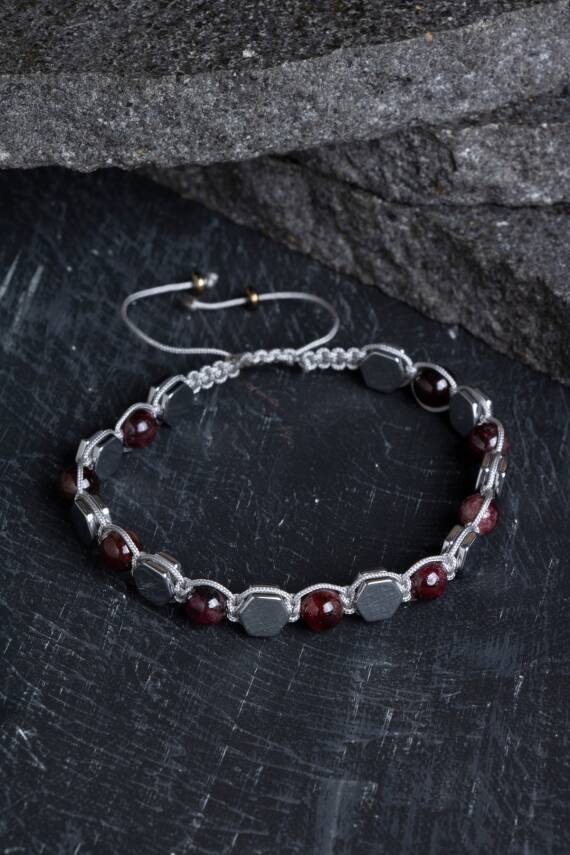 Sertifikalı Lal, Hematit Doğal Taş Makrome Bileklik - 1