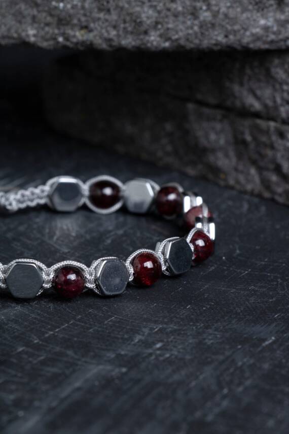 Sertifikalı Lal, Hematit Doğal Taş Makrome Bileklik - 2