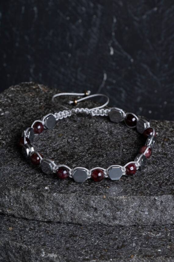 Sertifikalı Lal, Hematit Doğal Taş Makrome Bileklik - 3