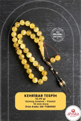 Sertifikalı Lale Motifli 10 mm Küre Kesim Gold Kaplama Gümüş Kehribar Tesbih - 52,90 gr - 1