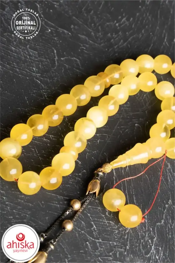 Sertifikalı Lale Motifli 10 mm Küre Kesim Gold Kaplama Gümüş Kehribar Tesbih - 52,90 gr - 2