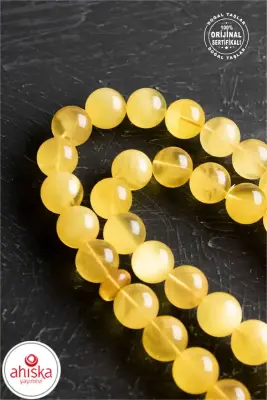 Sertifikalı Lale Motifli 10 mm Küre Kesim Gold Kaplama Gümüş Kehribar Tesbih - 52,90 gr - 3