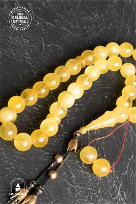 Sertifikalı Lale Motifli 12,5 mm Küre Kesim Gold Kaplama Gümüş Kehribar Tesbih - 43,50 gr - Osmanlı Doğaltaş