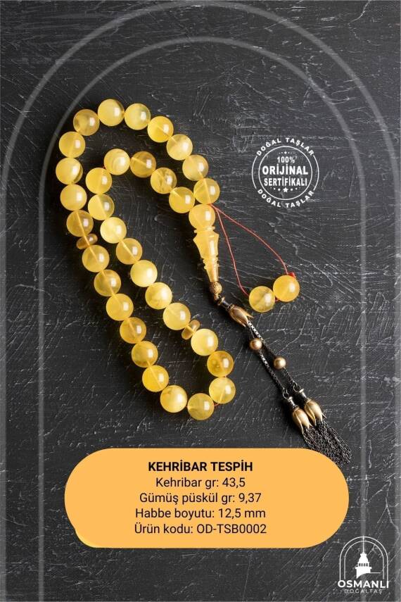 Sertifikalı Lale Motifli 12,5 mm Küre Kesim Gold Kaplama Gümüş Kehribar Tesbih - 43,50 gr - 2