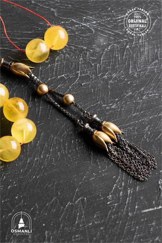 Sertifikalı Lale Motifli 12,5 mm Küre Kesim Gold Kaplama Gümüş Kehribar Tesbih - 43,50 gr - 3