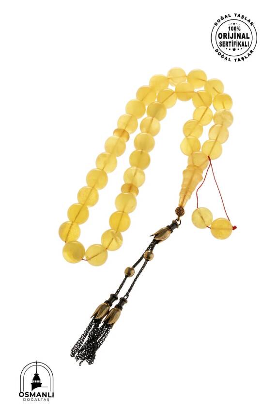 Sertifikalı Lale Motifli 12,5 mm Küre Kesim Gold Kaplama Gümüş Kehribar Tesbih - 43,50 gr - 5