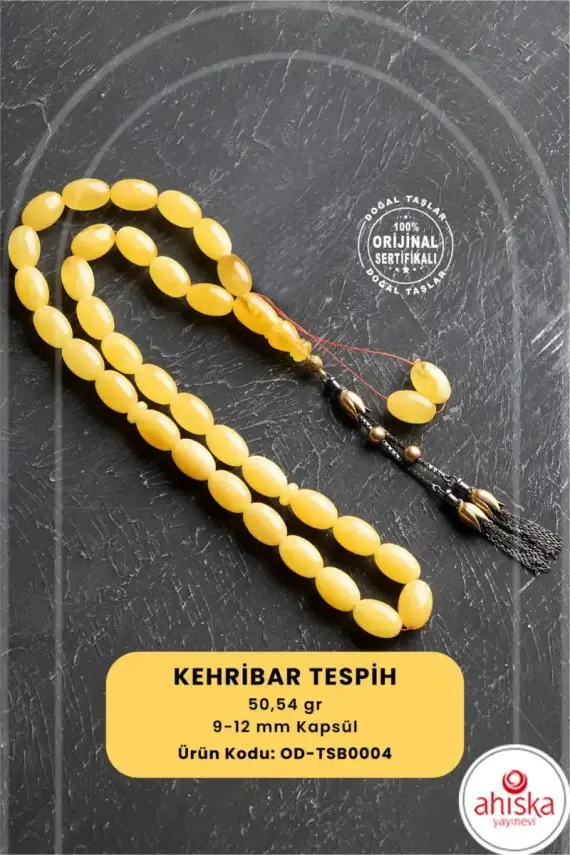 Sertifikalı Lale Motifli 9-12 mm Kapsül Kesim Gold Kaplama Gümüş Kehribar Tesbih - 50,54 g - 1