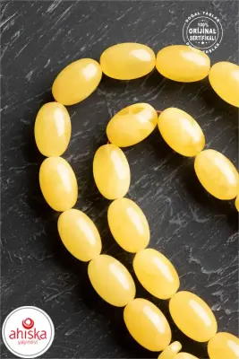 Sertifikalı Lale Motifli 9-12 mm Kapsül Kesim Gold Kaplama Gümüş Kehribar Tesbih - 50,54 g - Doğal Taş (1)