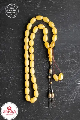 Sertifikalı Lale Motifli 9-12 mm Kapsül Kesim Gold Kaplama Gümüş Kehribar Tesbih - 50,54 g - 3