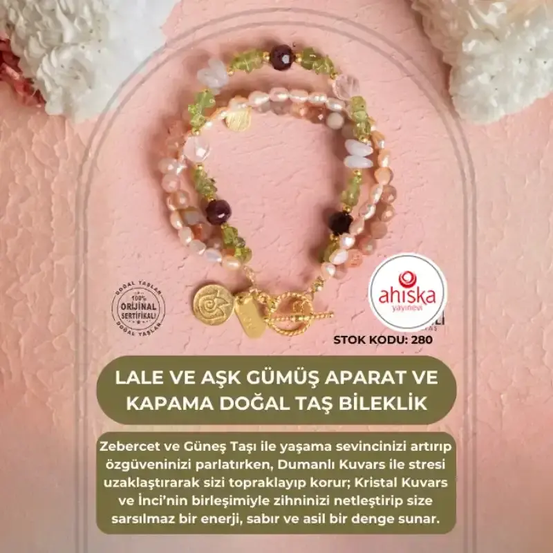Sertifikalı Lale ve Aşk Charmlı Gümüş Aparat ve Kapama Doğal Taş Bileklik (SK280) - 2