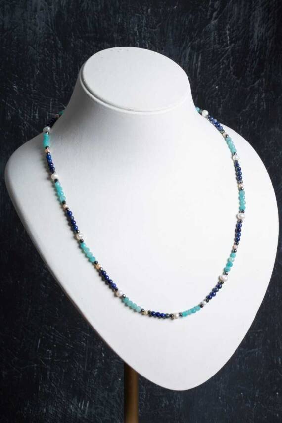 Sertifikalı Lapis, Amazonit, İnci Doğal Taş Kolye - 3