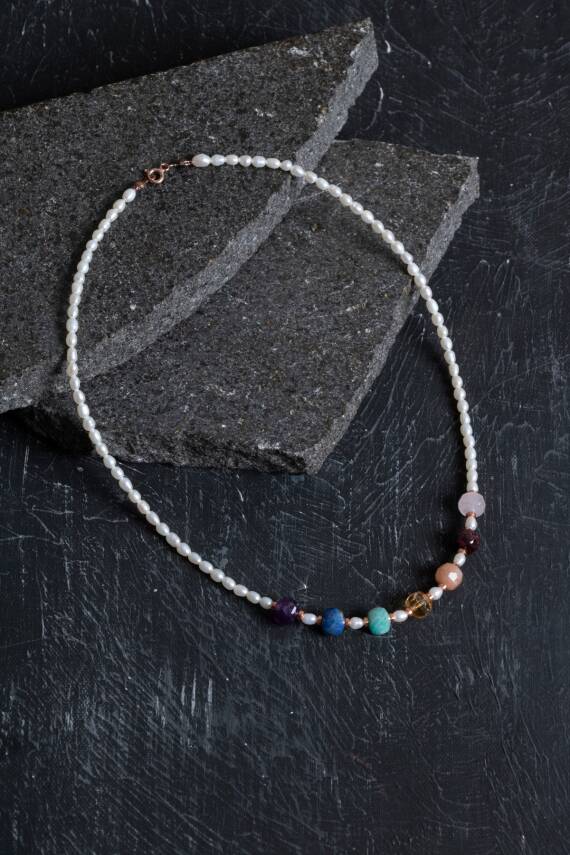 Sertifikalı Lapis, Amazonit, İnci Doğal Taş Kolye - 2