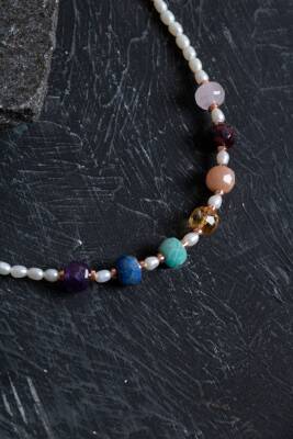 Sertifikalı Lapis, Amazonit, İnci Doğal Taş Kolye - 5