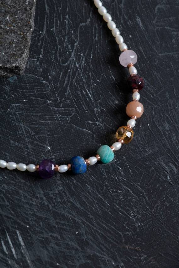 Sertifikalı Lapis, Amazonit, İnci Doğal Taş Kolye - 5