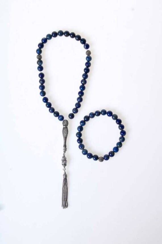 Sertifikalı Lapis Lazuli 925 Ayar Gümüş 8 mm İmameli Tesbih & Bileklik Seti - 1