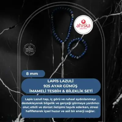 Sertifikalı Lapis Lazuli 925 Ayar Gümüş 8 mm İmameli Tesbih & Bileklik Seti - Doğal Taş (1)