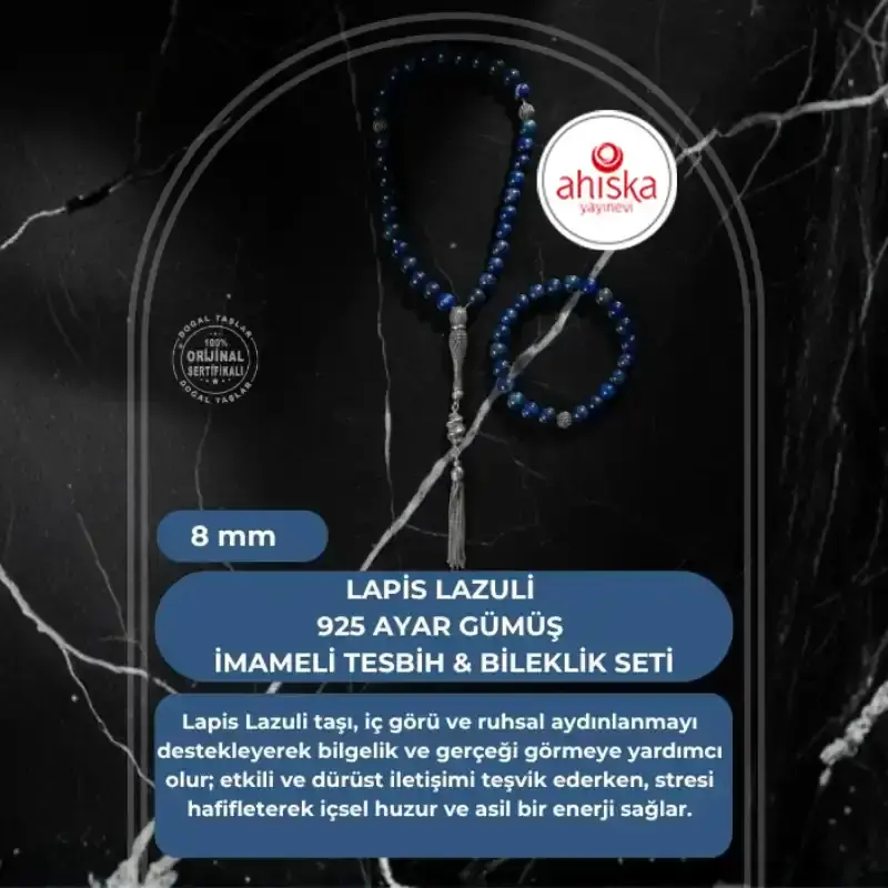Sertifikalı Lapis Lazuli 925 Ayar Gümüş 8 mm İmameli Tesbih & Bileklik Seti - 2