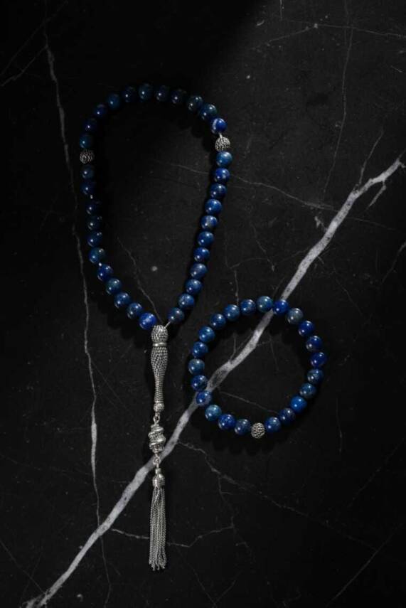 Sertifikalı Lapis Lazuli 925 Ayar Gümüş 8 mm İmameli Tesbih & Bileklik Seti - 3
