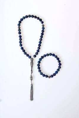 Sertifikalı Lapis Lazuli 925 Ayar Gümüş 8 mm İmameli Tesbih & Bileklik Seti - Osmanlı Doğal Taş