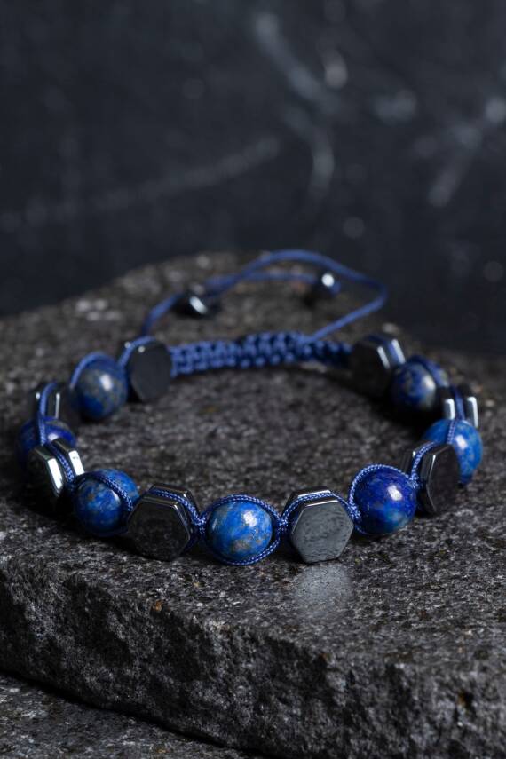 Sertifikalı Lapis Lazuli, Hematit Doğal Taş Makrome Bileklik (SK:360) - 1