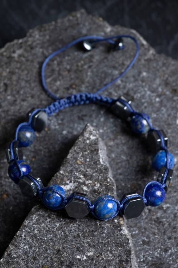 Sertifikalı Lapis Lazuli, Hematit Doğal Taş Makrome Bileklik (SK:360) - 4