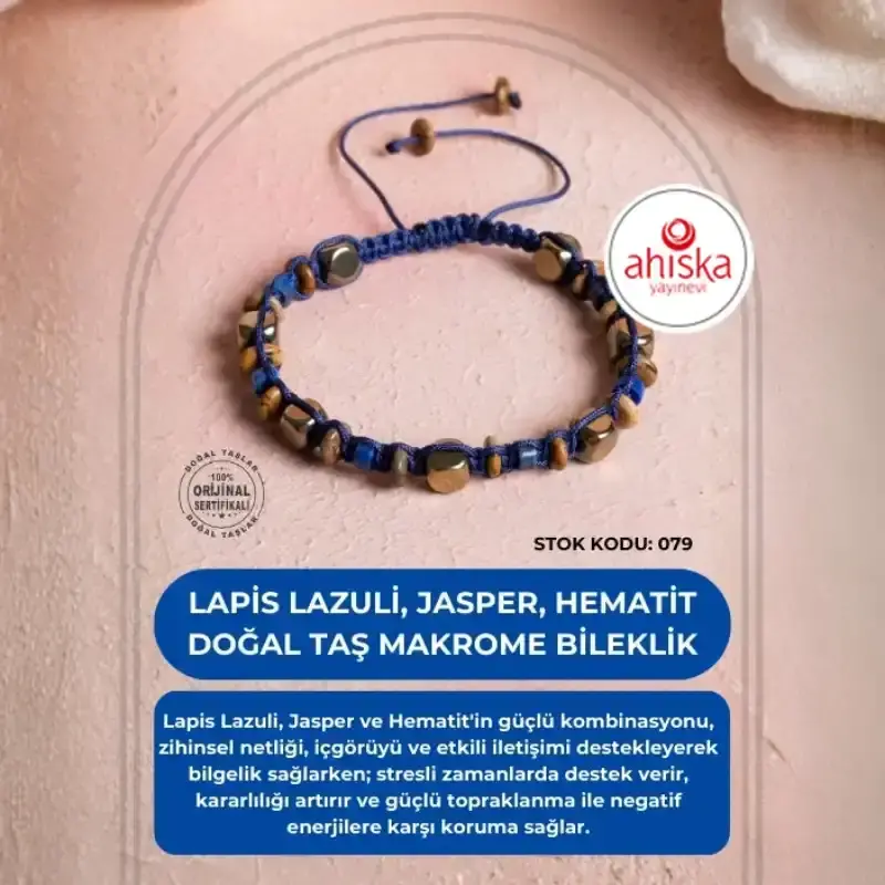 Sertifikalı Lapis Lazuli, Jasper, Hematit Doğal Taş Makrome Bileklik (SK079) - 1