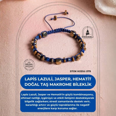 Sertifikalı Lapis Lazuli, Jasper, Hematit Doğal Taş Makrome Bileklik (SK:079) - 2