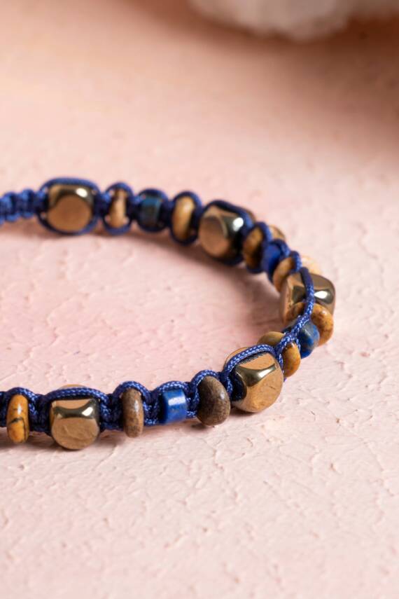 Sertifikalı Lapis Lazuli, Jasper, Hematit Doğal Taş Makrome Bileklik (SK:079) - 3