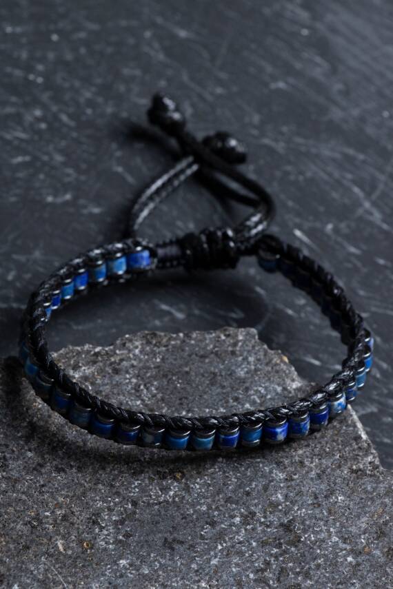 Sertifikalı Lapis Lazuli Özel Tasarım Deri Doğal Taş Makrome Bileklik (SK:398) - 4