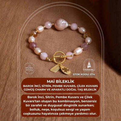 Sertifikalı Mai Bileklik-Barok İnci, Sitrin, Pembe Kuvars, Çilek Kuvars Gümüş Charm ve Aparatlı Doğal Taş Bileklik (SK:074) - 2