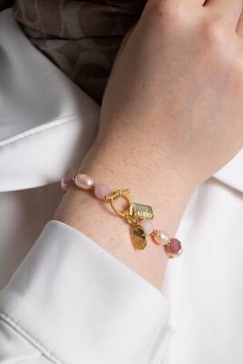 Sertifikalı Mai Bileklik-Barok İnci, Sitrin, Pembe Kuvars, Çilek Kuvars Gümüş Charm ve Aparatlı Doğal Taş Bileklik (SK:074) - 5