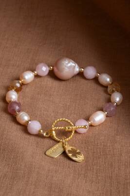 Sertifikalı Mai Bileklik-Barok İnci, Sitrin, Pembe Kuvars, Çilek Kuvars Gümüş Charm ve Aparatlı Doğal Taş Bileklik (SK:074) - 7